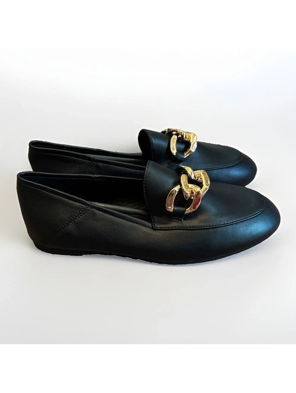 New EasySmile Metal Chain Black Loafers Flats Shoes Ladies Size 6